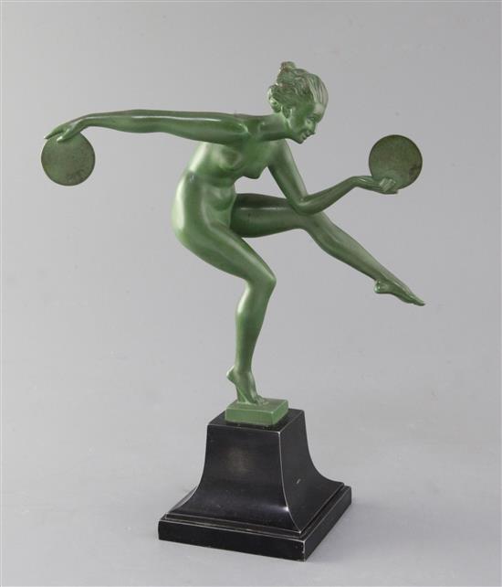 Marcel Bouraine (French, 1886-1943). An Art Deco green patinated bronze figure Danseuse Paienne, height 10.5in.
